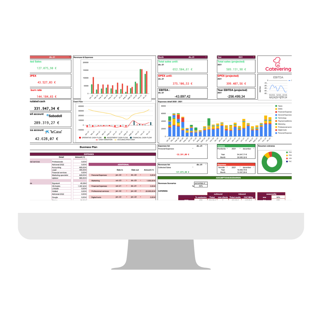 Gráfico financiero que muestra la evolución del cashflow y la proyección de ingresos y gastos según el modelo financiero implementado por Laura Perarnau.